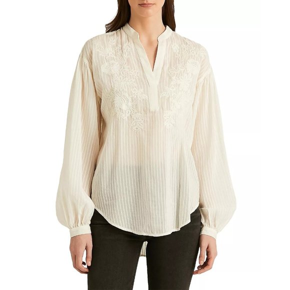 LAUREN RALPH LAUREN Embroidered Rounded Hem Pinstripe Long Sleeve Top - NWT XXL - Picture 4 of 4